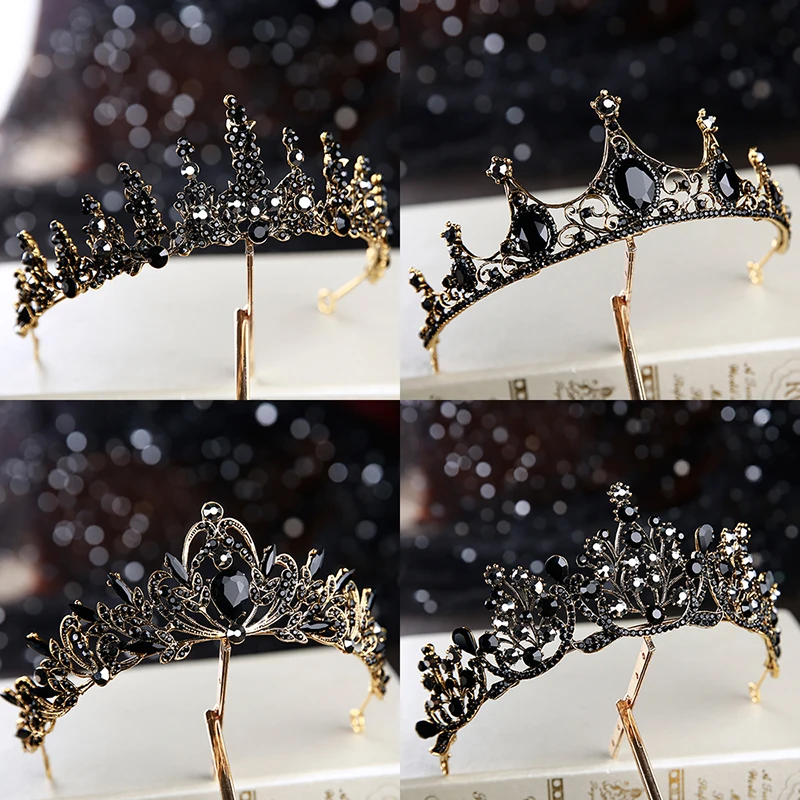 Baroque Retro Black Luxury Bridal Crystal Tiaras Crowns Princess Queen Pageant Prom Rhinestone Veil Tiara Wedding Hair Accessory