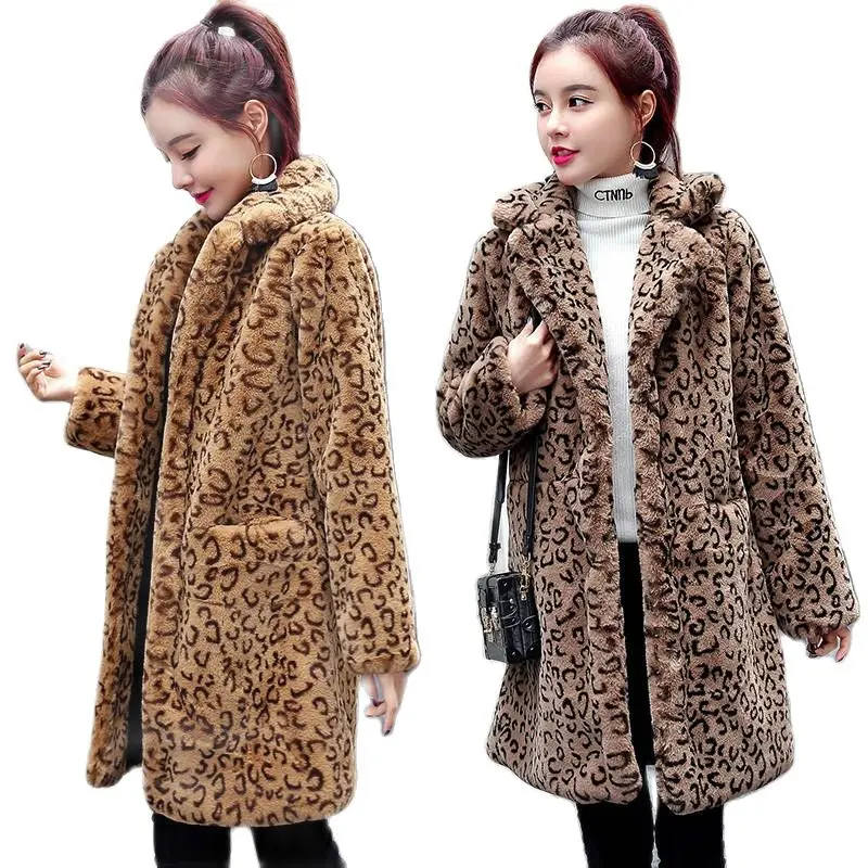 New Fur Coat Female 2023 Autumn Winter Imitation Mink Velvet Mid-length Plus Cotton Slim Fashion Leopard Warm Faux Fur Coat Tops
