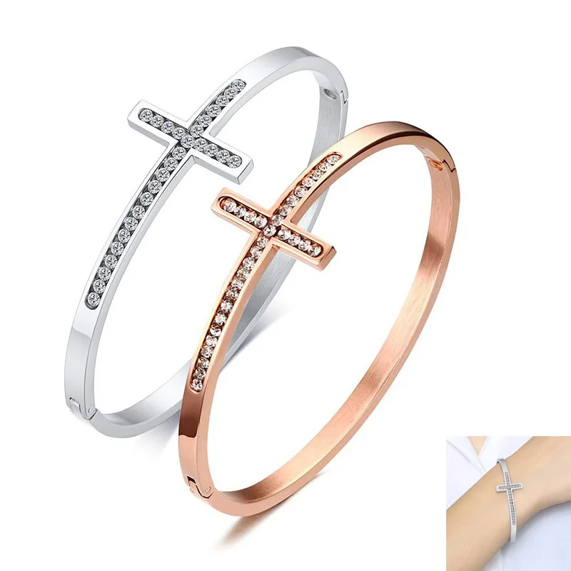 

2020 Stainless Steel Rose Gold Color Tone Classic Religious Cross White CZ Bangle Bracelet