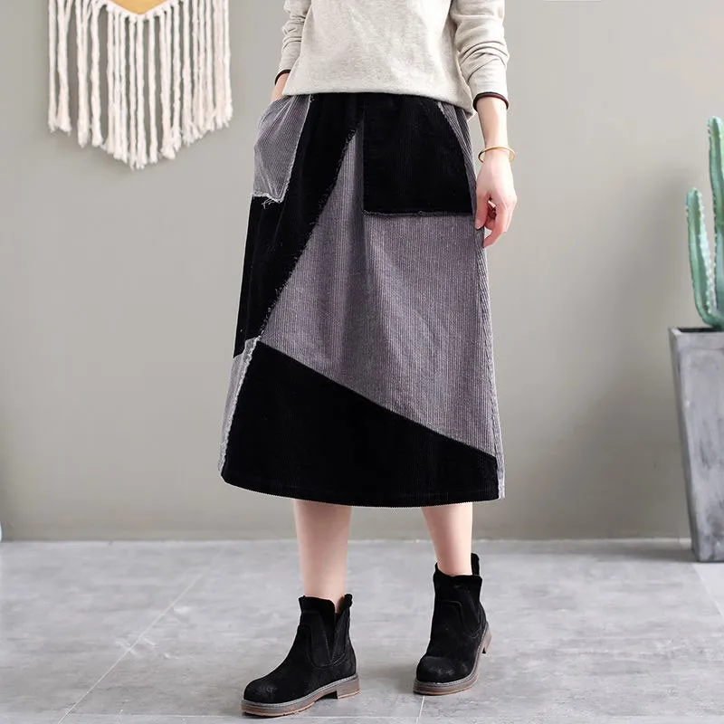 

Patchwork Cotton Corduroy Vintage Skirts Femme Long Skirt Autumn New Arts Style Women Elastic Waist Casual A-line Skirt