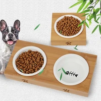 pet bowl chinese style wooden frame ceramic pet feeding bowl dog feeder water feeding removable pet supplies cat bowl dog bowl