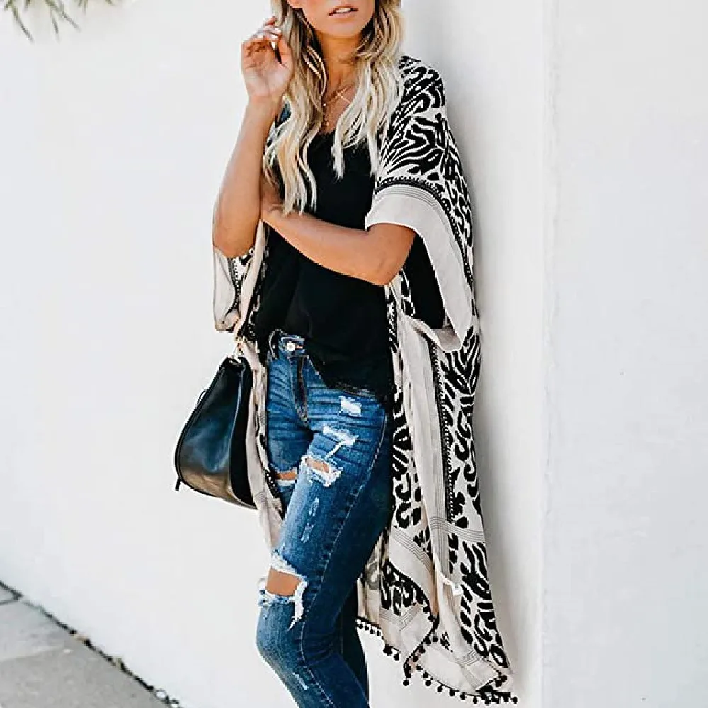 

2021 Bohemian Printed V-neck Half Sleeve Plus Size Beach Wear Kimono Cardigan Tunic Women Tops and Blouses Shirts A367