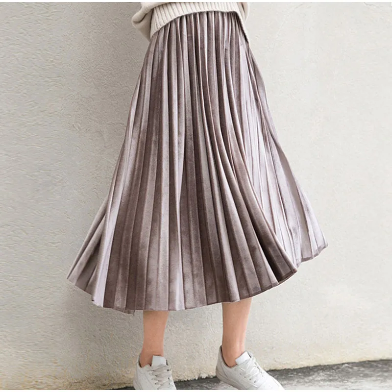 Женская длинная Плиссированная юбка повседневная бархатная средней длины с