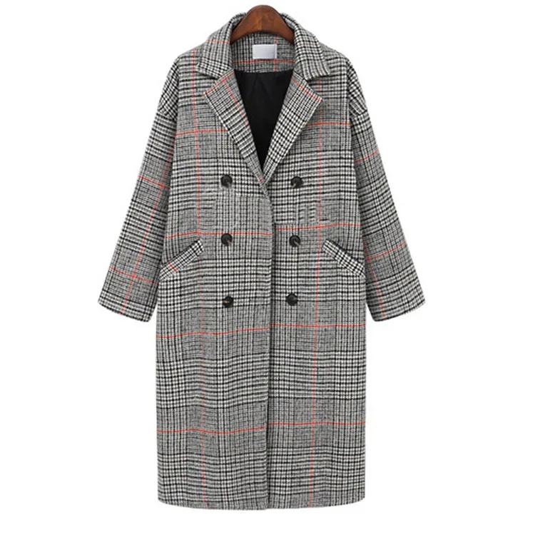 

European Women's Autumn Winter Clothes New Retro Loose Thick Mid-length Plaid Woolen Coat Women Houndstooth Blends Trench Parkas