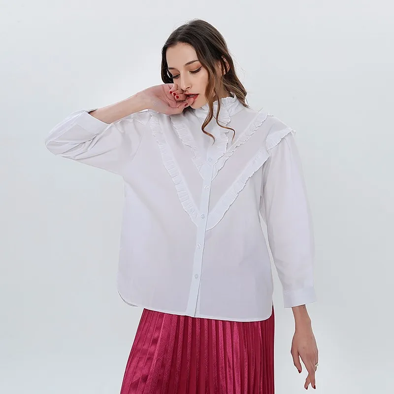 

GALCAUR Elegant Patchwork Ruffle Shirt For Women Stand Collar Long Sleeve Casual Blouse Female Fashion New Clothing 2020 Style