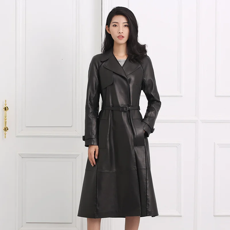 

100% Genuine Leather Women Long Jacket High street Red Shearling Jackets Lapel Belt Long Coat Female Luxury Black Womens Coats