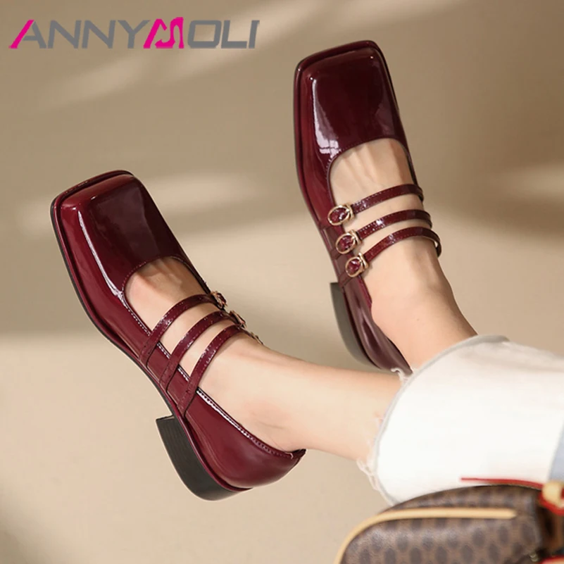 

ANNYMOLI Mary Janes Shoes Women Spring Genuine Leather Chunky Heels Square Toe Pumps Buckle Strap Med Heel Footwear Autumn Black