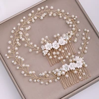 ailibride wedding flower hair accessories gold pearl hair comb tiara rhinestone bride headdress bridal hair jewelry accessories