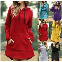 womens autumn fashion hooded pocket long sleeve pure color mini dress winter casual loose thick sweater office ladies dresses