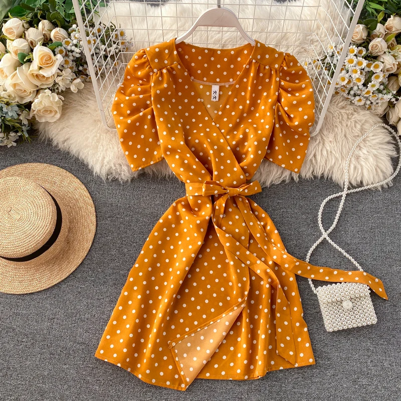 Женское Короткое платье в горошек Boho летнее Бандажное с v-образным вырезом