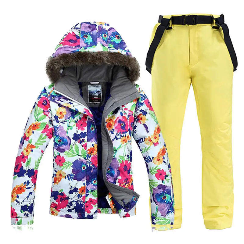 

Hair Hat Women's Snow Suit outdoor sport Wear snowboarding sets 10K Windproof Waterproof Winter skiing Jackets + Belt Snow Pants