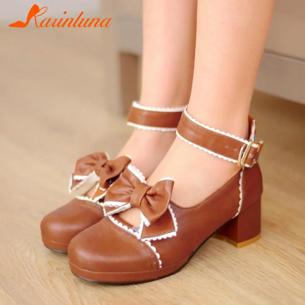 

Женские однотонные туфли-лодочки Karinluna, туфли-лодочки на массивном каблуке, с круглым носком и застежкой-бабочкой, большой размер 33-43