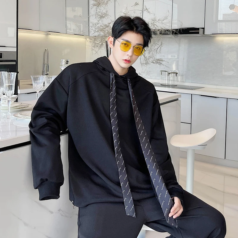 

Men's Fashion Tie Decor Hooded Long Sleeve Loose Hoodies Youth Casual Pullover Sweatshirt Black White
