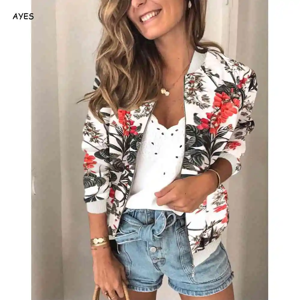 

Floral Bomber Jacket Women Casual Zipper Coat Flower Print Ladies Basic Jacket Army Green Baseball Coat Autumn Pink Streetwear