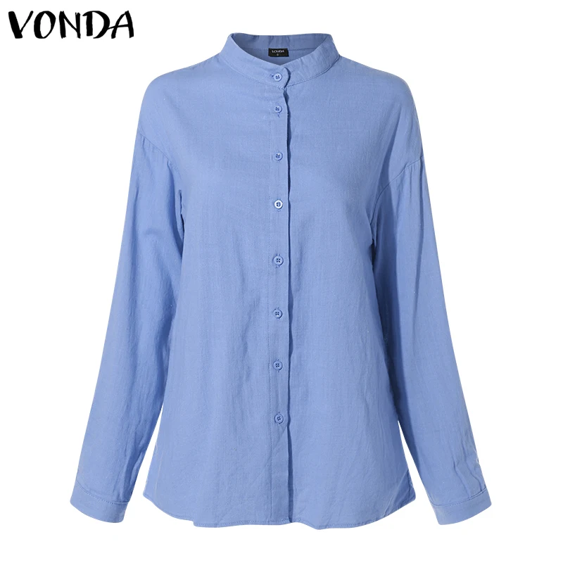 Blue VONDA новые женские блузки летние офисные женские белые рубашки с рукавами-фонариками и пуговицами глубокий v-образный вырез белая блузка сексуальные топы размера плюс - Цвет: Blue