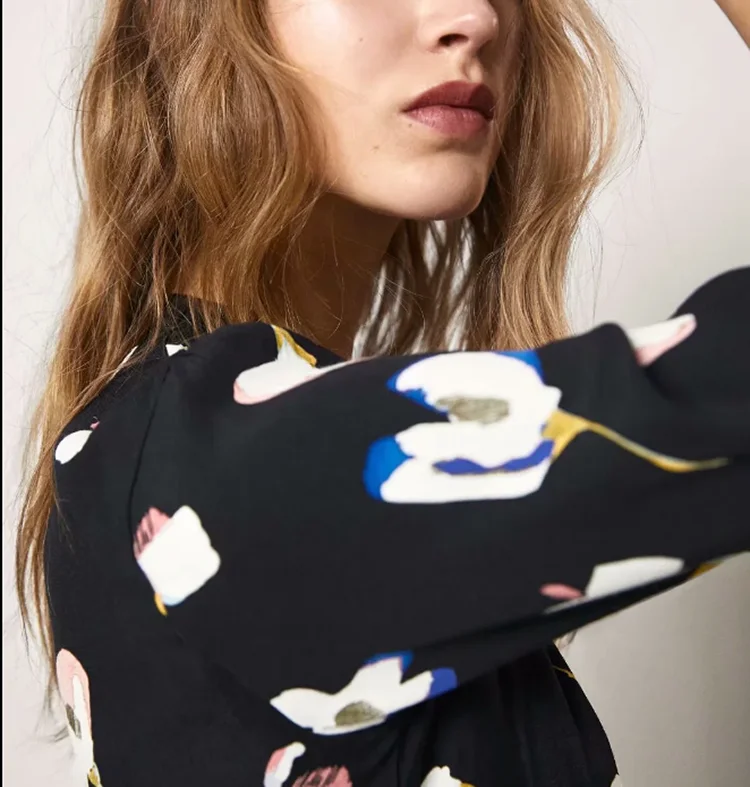 

Autumn Women Dress New Products Bowknot Design Thin Floral Print Long Sleeve Women's Dress