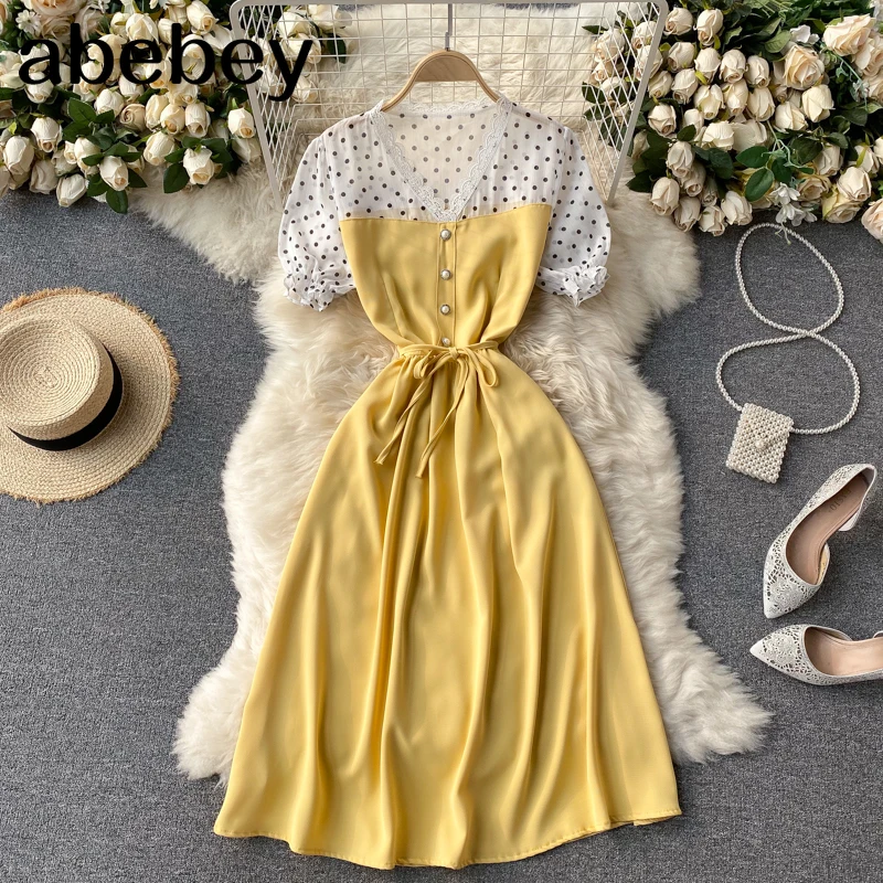 

Women Elegant French Dress Chic Lace V Neck Dot Puff Sleeve A-line Dresses 2021 Summer Fashion Streetwear Midi Dress