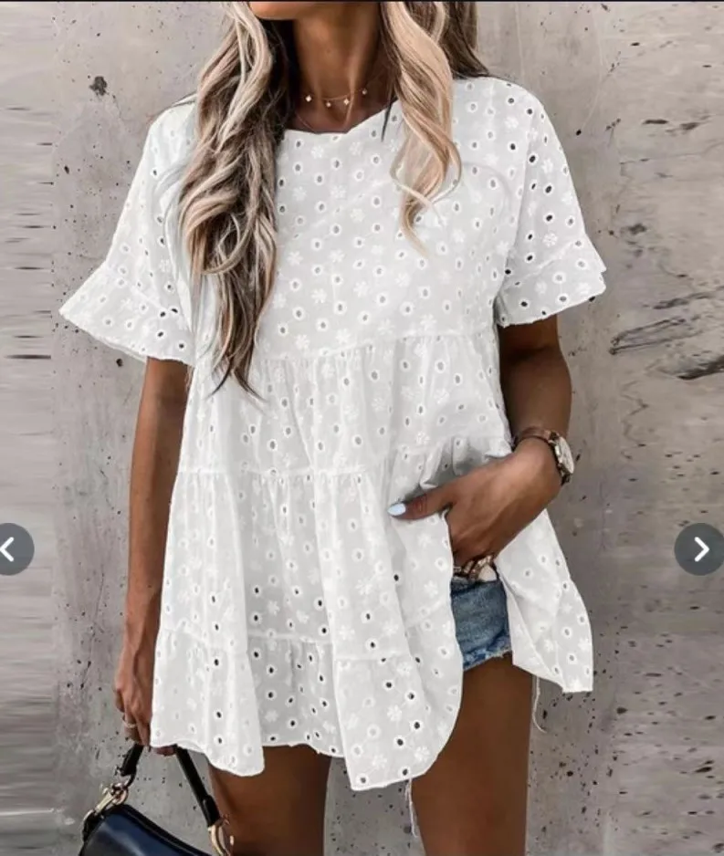 

Summer Women Blouses Befree Sexy Short Sleeve Loose Elegant Cotton Line Hole Casual Big Large Pluse Sizes Tops Blouse Shirts