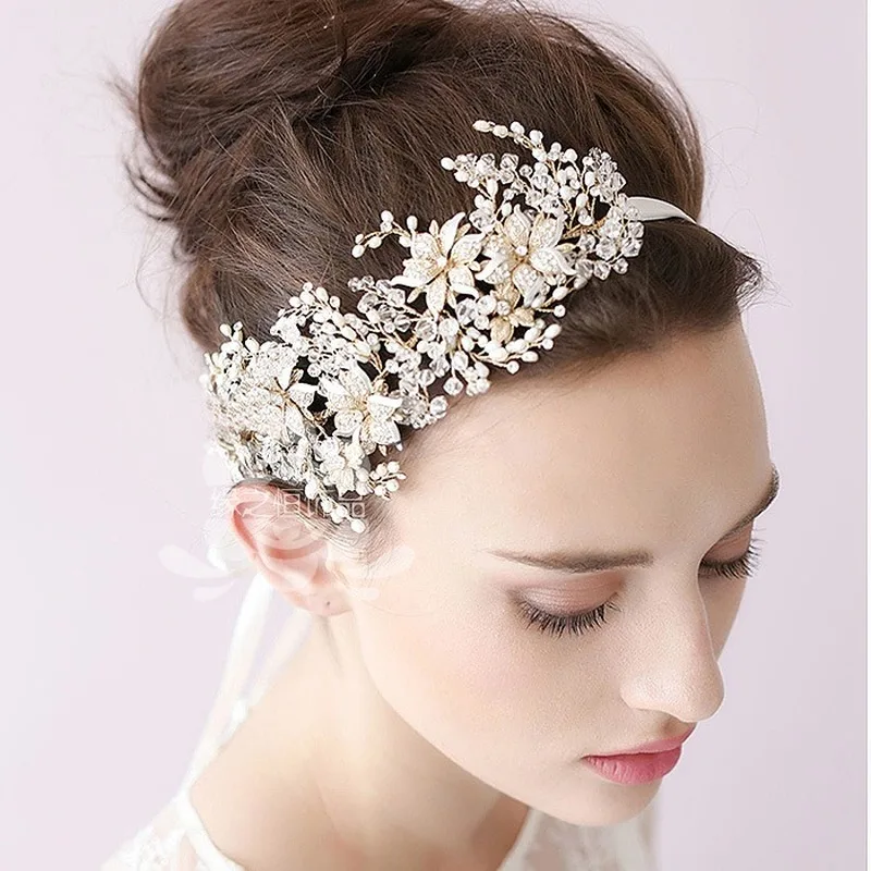 Головной убор невесты ручной работы жемчуг кристалл золотой головной для