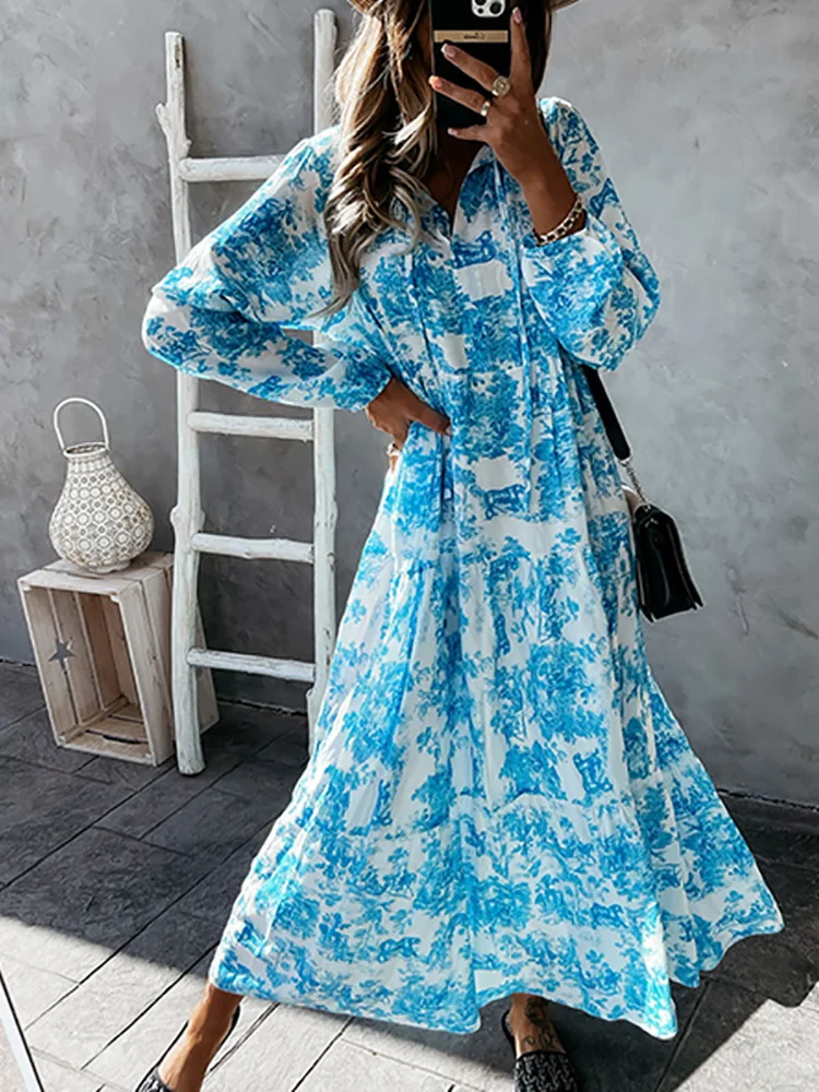 

Элегантное вечернее платье с глубоким V-образным вырезом, женское свободное винтажное платье макси с принтом, весеннее повседневное длинно...