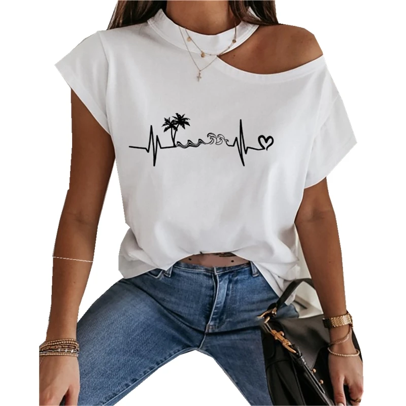 Футболка женская базовая с коротким рукавом пикантный топ открытым плечом