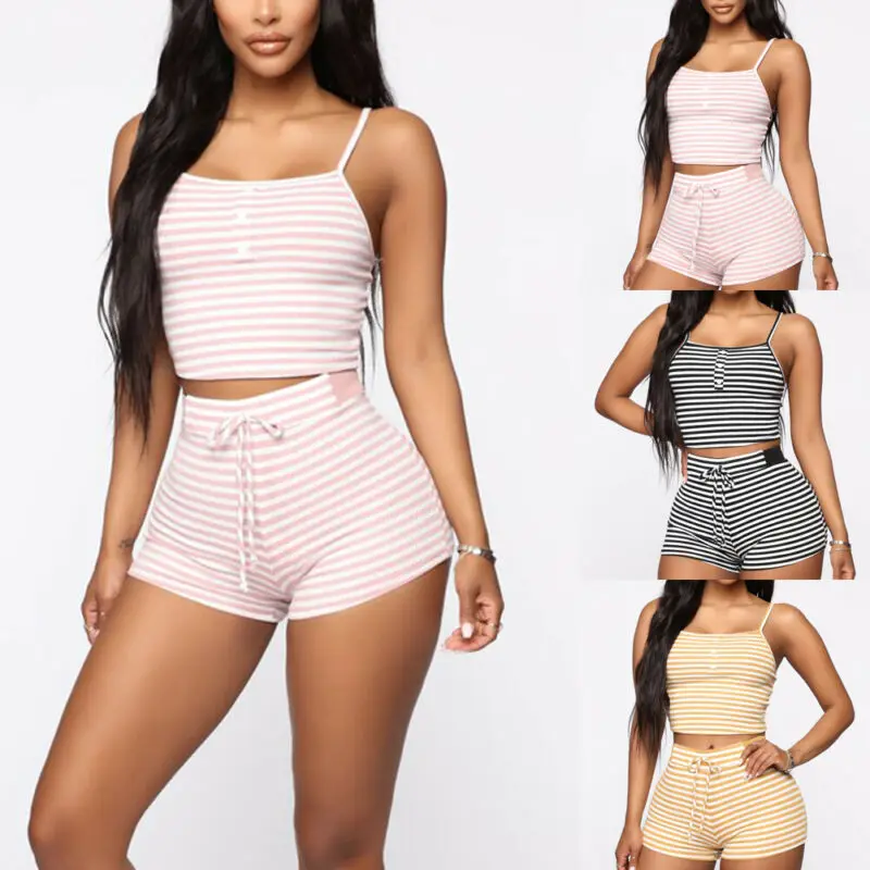 Женский укороченный топ в полоску без рукавов + шорты пляжный костюм с эластичной
