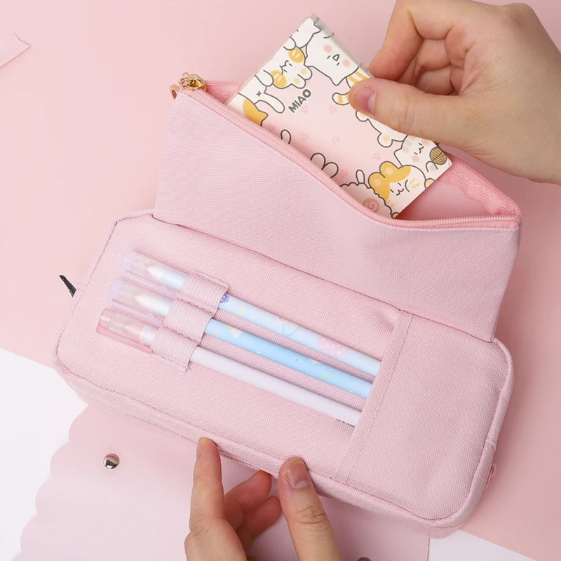 

Large Capacity Pencil Case Kawaii Canvas three Layer Pen Brushes Pouch Pencil Bag Portable Box Gifts Supplies School Stationery