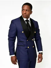 Azul marinho ternos masculinos ajuste fino padrinho botão de ouro duplo breasted festa smoking noivo 2 peças terno para homem blazer casamento (3)