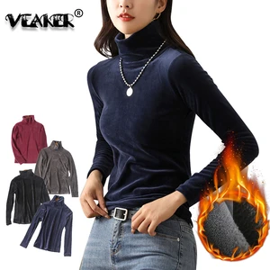 Бархатная водолазка, женская зимняя футболка 2019, топы, футболка болотного цвета с длинным рукавом, теплая Толстая бархатная футболка, женские осенние футболки, топы