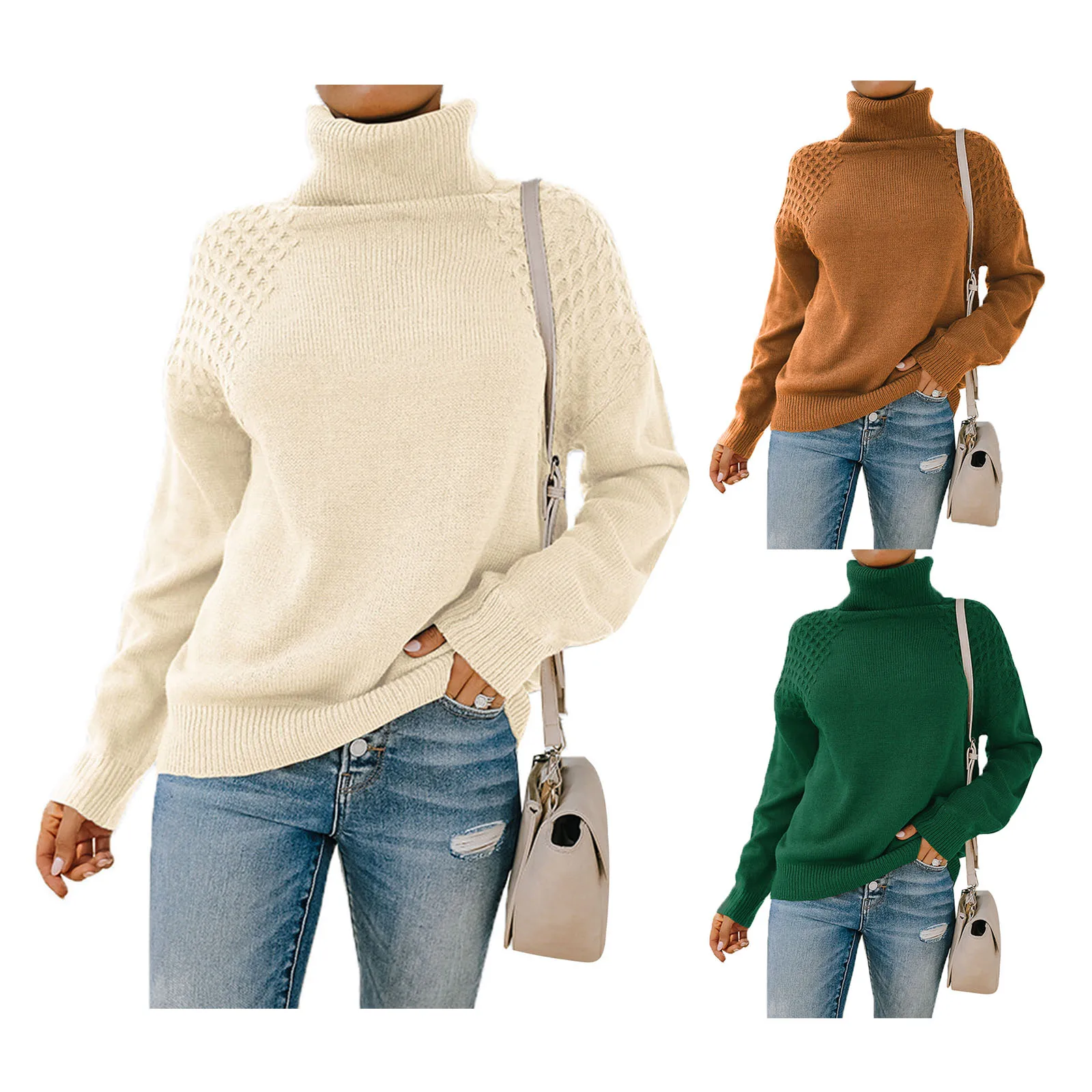 

Female Sweater Solid Color High Collar Long Sleeve Knitwear Pullover for Ladies Brown/Army Green/Apricot S/M/L/XL
