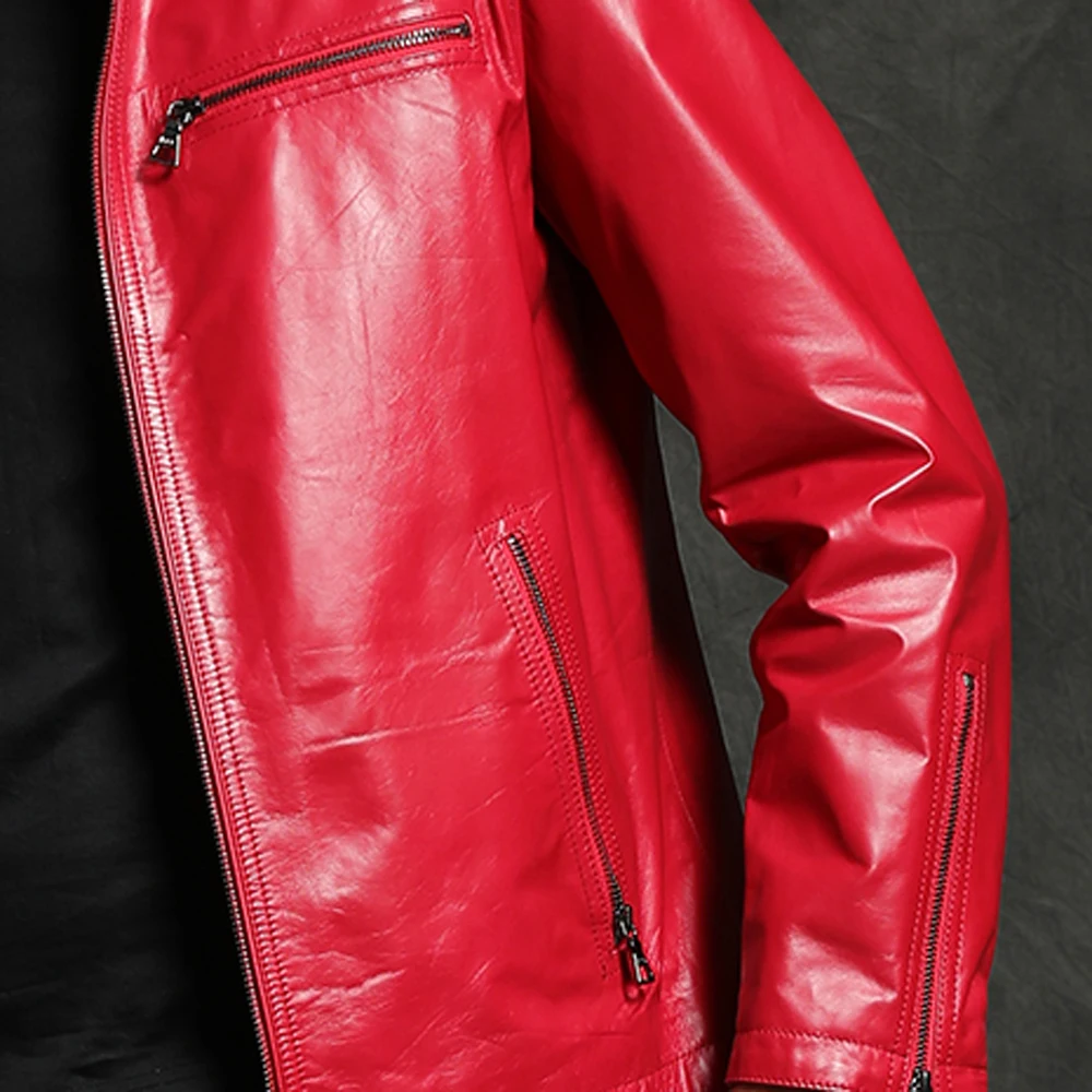 

Cowhide Top Quality Genuine Leather Coat Men Wine Red Spring Autumn Sheepskin Coat Young Man Formal Casual Outwear