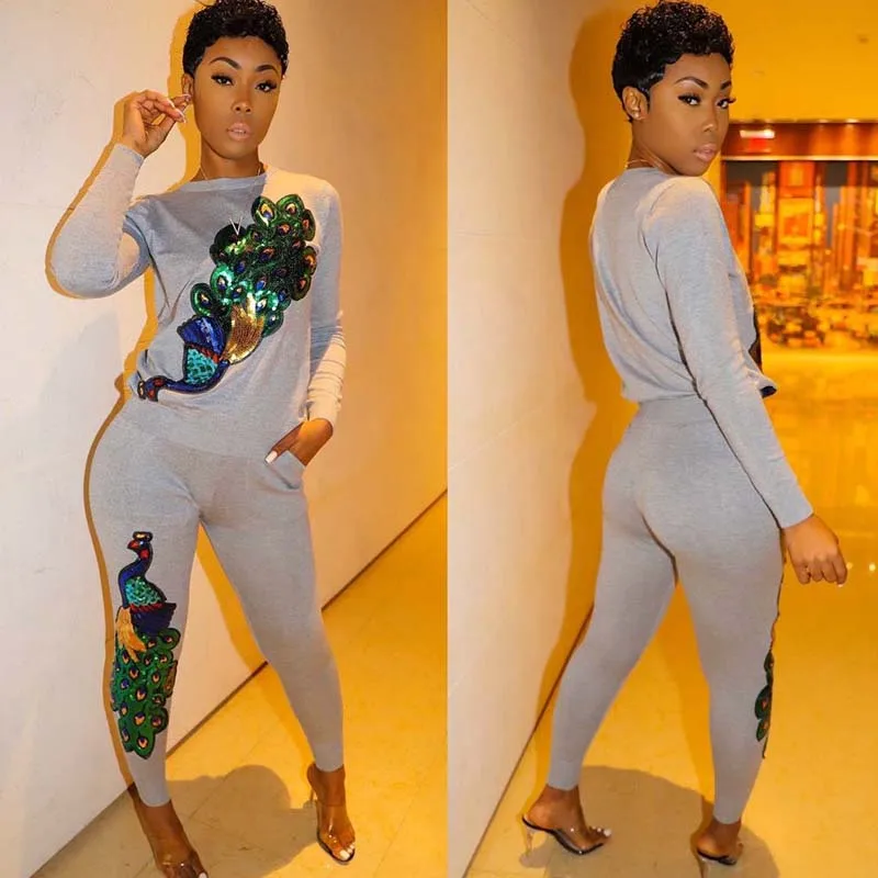 Осенний комплект из двух предметов топ с павлином и блестками спортивный костюм