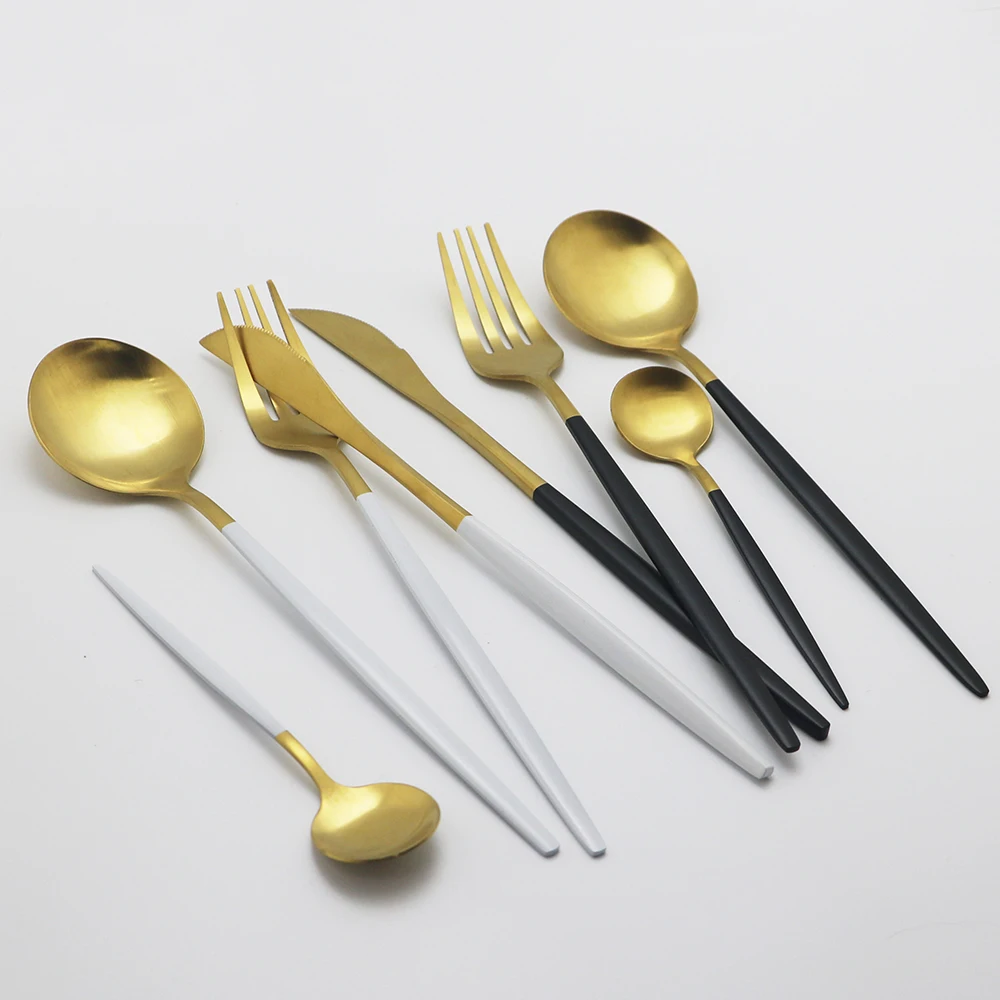 

30Pcs White Gold Cutlery Set Matte Knife Spoon Fork Tableware Set Stainless Steel Dinnerware Set Kitchen Flatware Set Black Gold
