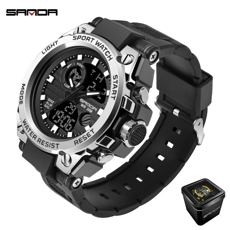 black silver(box) Sanda золотые мужские модные многофункциональные электронные уличные спортивные часы с двойным дисплеем водонепроницаемые светящиеся цифровые часы - Цвет: black silver(box)
