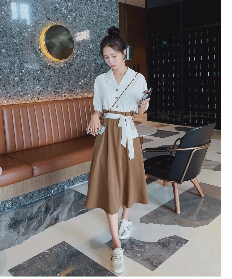

2021 Summer New Fashion Splice Contrast Color Short Sleeve Bandage Dresses for Women Elegant Korean Slim Casual Long Shirt Dress