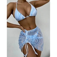 3 pcs striped print bikini 2021 sexy halter swimwear women swimsuit female three pieces bikini set with beach skirt bathing suit