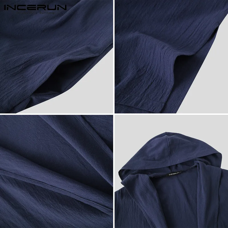 

INCERUN Vintage Men Outerwear Hooded Long Sleeve Cotton Solid Trench Streetwear Open Stitch Long Coats Casual Mens Jackets S-5XL