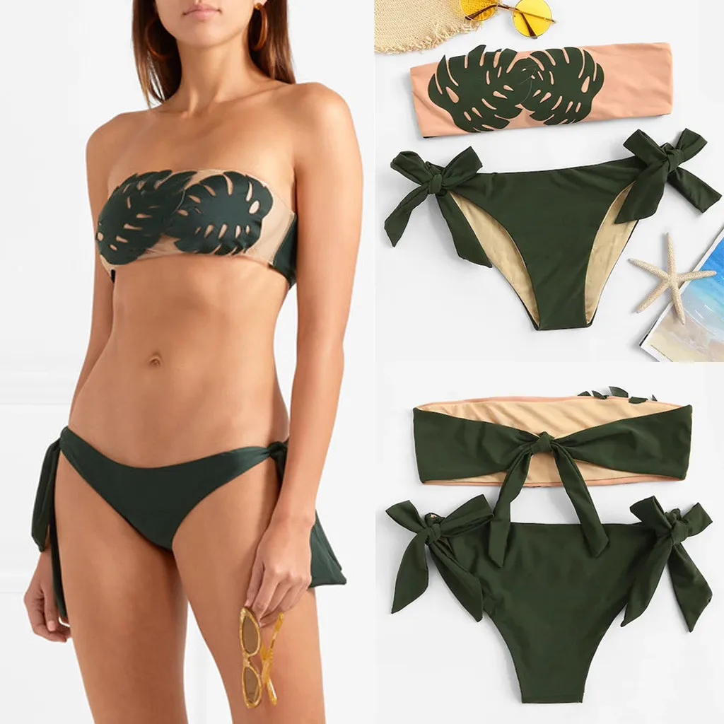 Модный женский комплект бикини без бретелек две части листья бандаж накидка