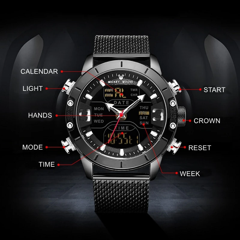

Mens Fashion Sport Multifunction Dual Display Calendar Alarm Watches Stainless Steel Band Waterproof Men Clock Military Outdoor