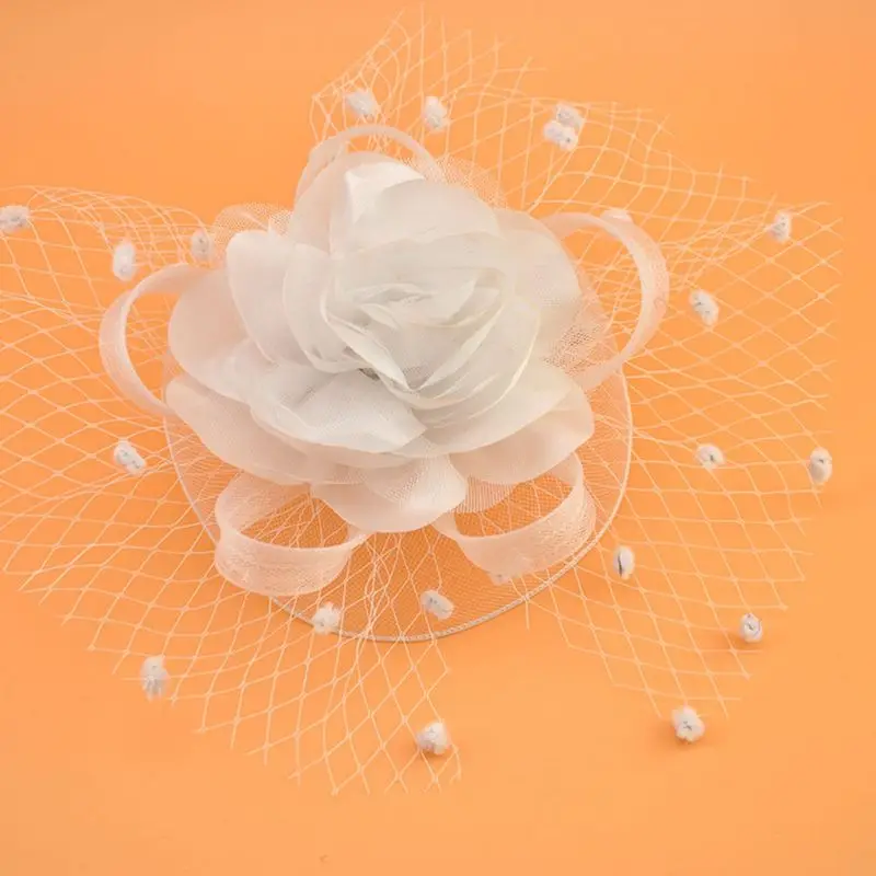 

Womens Kids Girl Mesh Veil Hat Hair Clip Elegant Ribbon Big Flower Solid Color Fascinator Small Plush Wave Point Bridal 17 K3NF