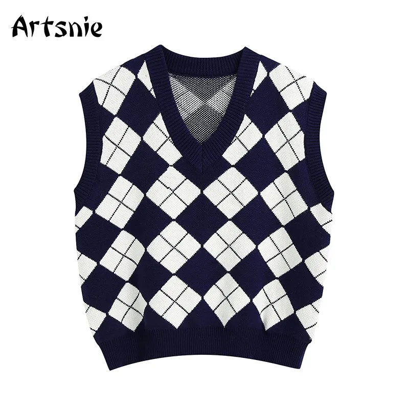

Artsnie navy blue argyle sweater vest women winter v neck sleeveless pull femme hiver vintage sweet preppy warm sweaters jumper