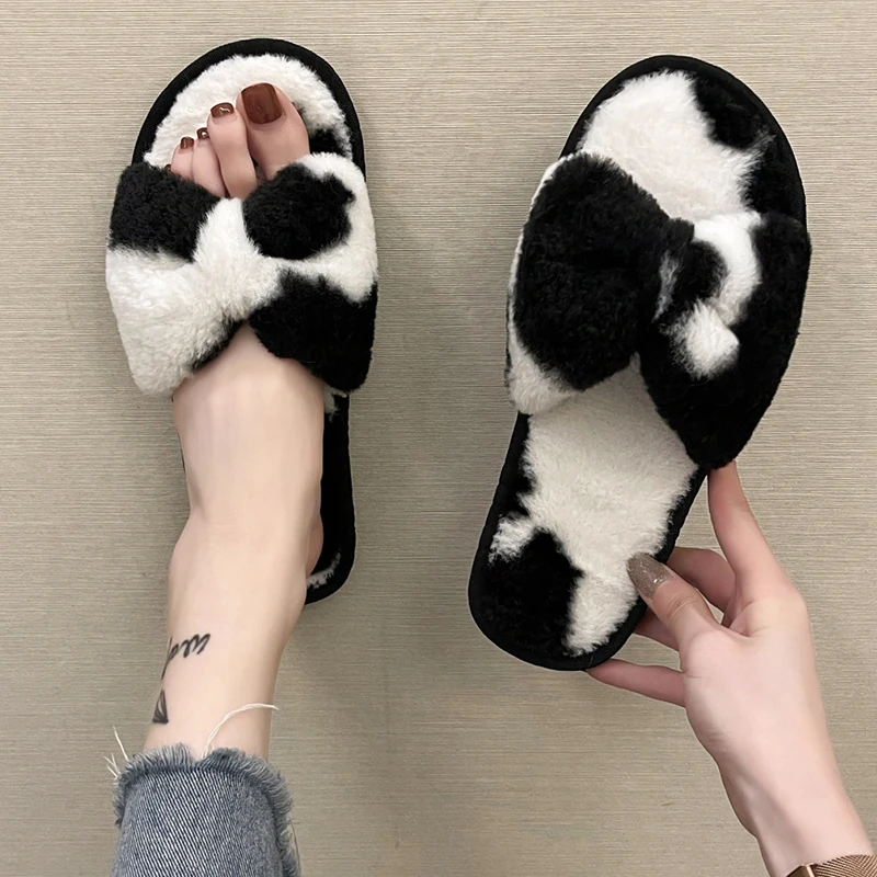 

Winter New Indoor Bow-Knot Women Fur Slippers Color Matching Faux Fur Warm Plush Flat Shoes Home Ladies Fluffy Slippers