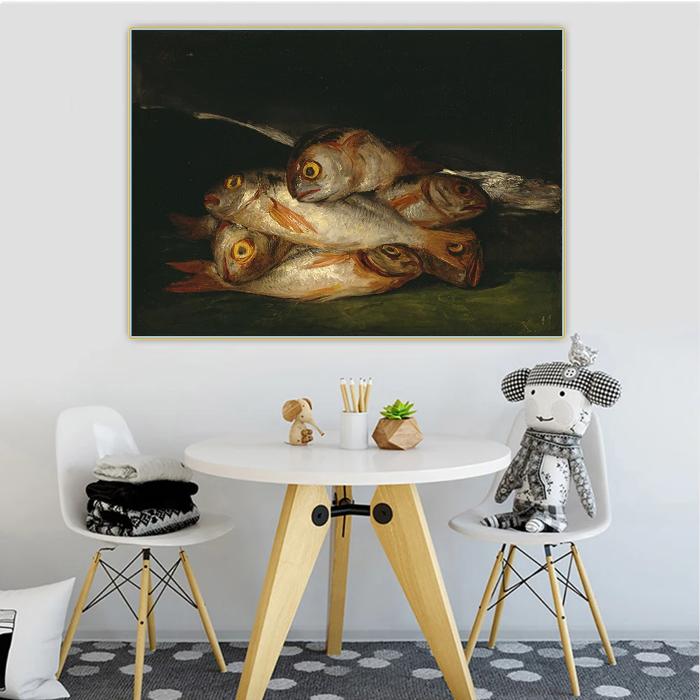 

Canvas Oil Painting Francisco Goya"Still Life With Golden Bream"Western Art Decor Poster Wall Aesthetic Home Room Decoration