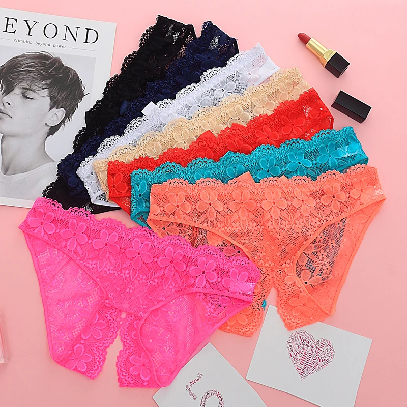 Sexy Lace Hollow Panties Tempting Women Briefs Opening Crotch Low Waist Female Underwear Transparent Sexy Cute Bow Panty