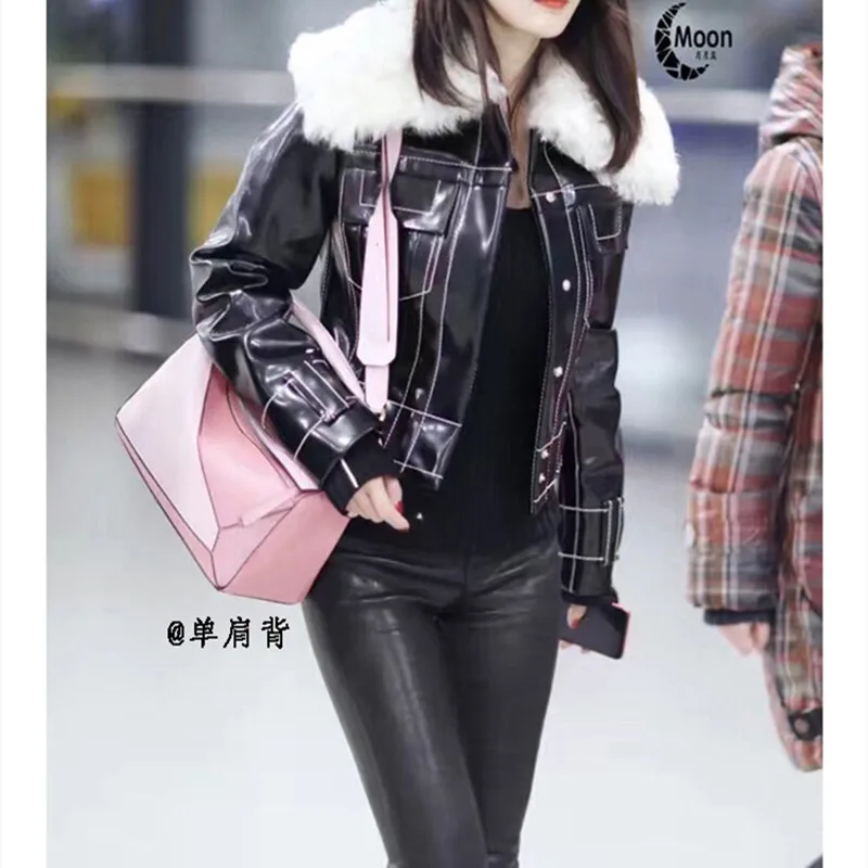 

2021 New Celebrity Inspired Mini Geometric Bag Pillow Bag Genuine Leather Splicing Package Shoulder Bag Women's Messenger Bag