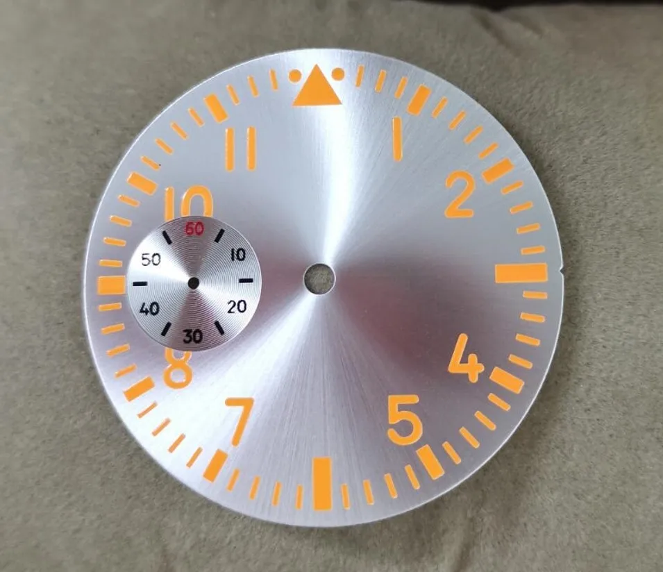 

38.9mm GEERVO fashion sterile orange luminous orange Numbers silvery dial fit ETA6497 movement Men's watch dial 017A