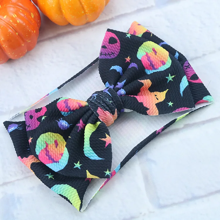 New Halloween Print Turban 7'' Big Hair Bows Headband For Girls Head Wraps Textured Fabric Elastic DIY Kids Accessories |