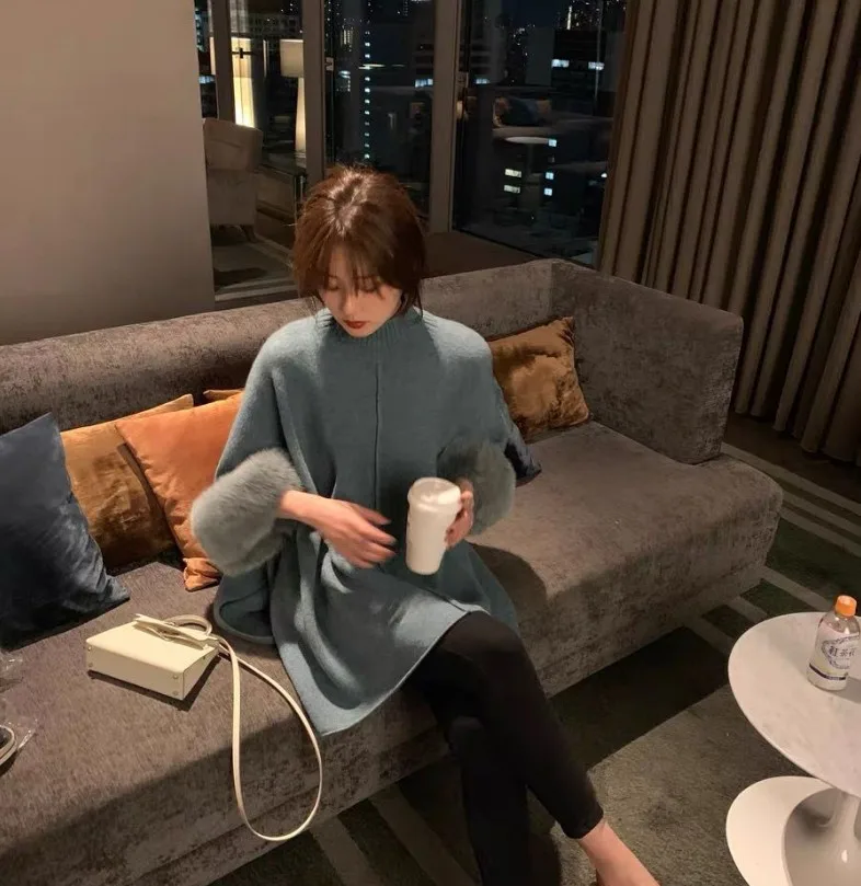 2021 New Winter Turtleneck Fur Patchwork Cloak Pullover Loose Knitted Sweater Women's Fashion Knitwear