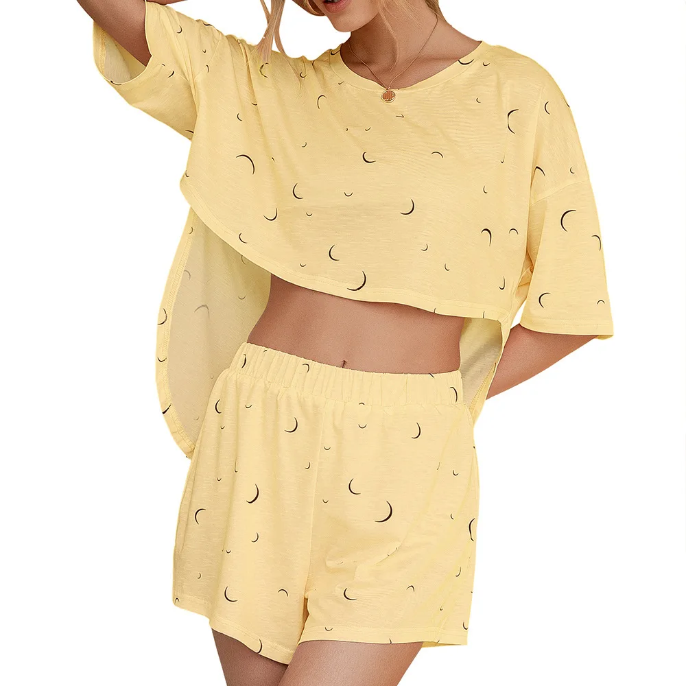 

2021 summer new style printed casual and comfortable ladies short-sleeved shirt shorts home service suit women