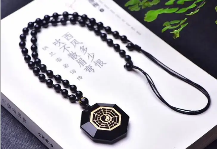 Натуральный обсидиан Золотое Тиснение Багуа кулон для мужчин и женщин ожерелье